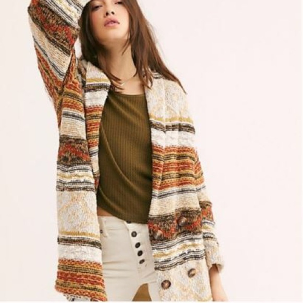 Cozy Striped Open Cardigan Jacket in Cream & Rust